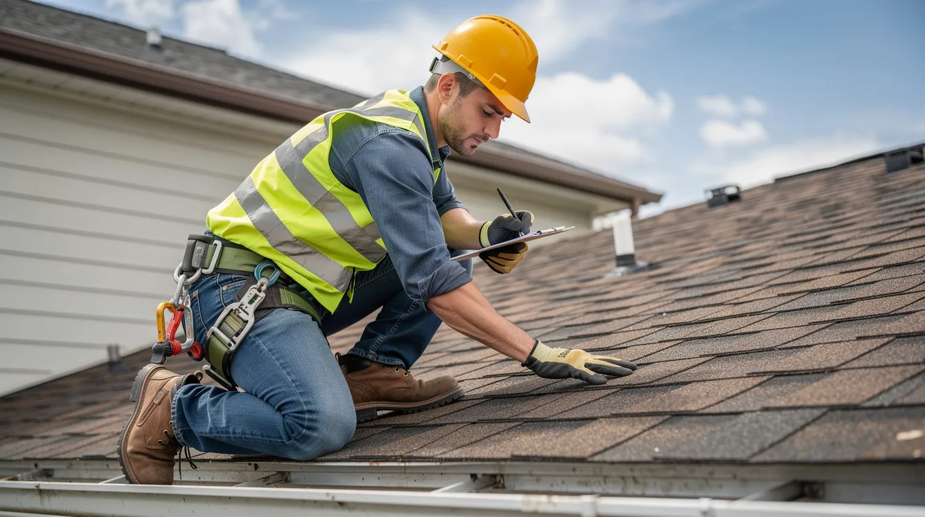 A professional roofer, equipped with safety gear, is inspecting damaged shingles on a residential rooftop in Fairview Park, Ohio. This image highlights the importance of roof inspections and proper installation to ensure the long-term performance of Fairview Park roofs.